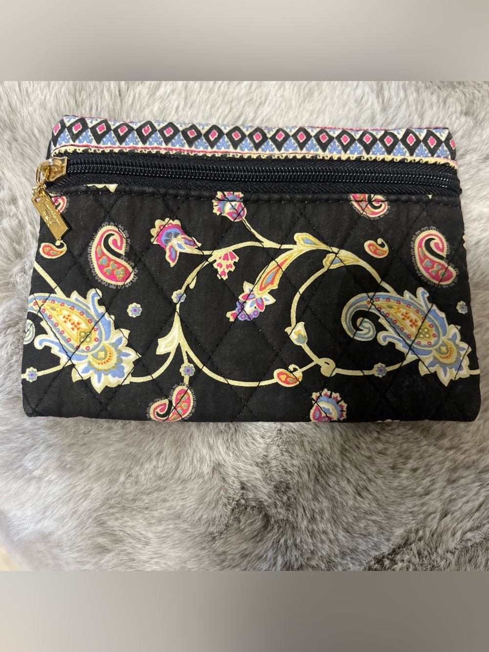 Quilted Vinatge Paisley Zip Cosmetic Pouch - Black with Multicolor Accents